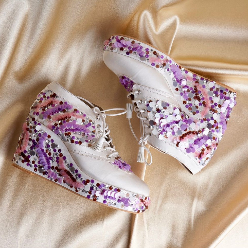 Purple Sequin embroidered Sneaker Wedges | Tiesta