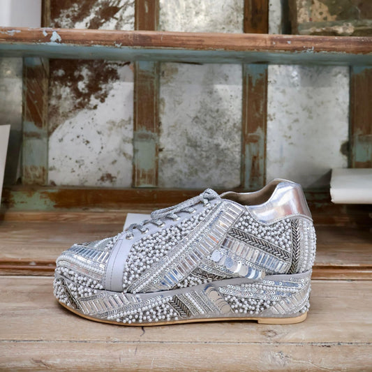 POPPY- Silver-Grey Bridal Sneaker Platform Wedges | Tiesta Shoes