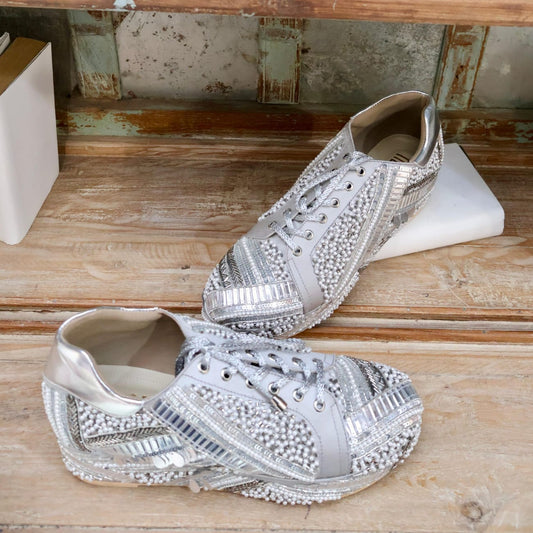 POPPY- Silver-Grey Bridal Sneaker Platform Wedges | Tiesta Shoes
