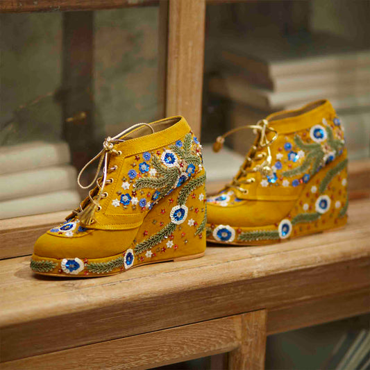 Mustard Embroidered Bridal Sneaker Wedges - Customized Wedding Shoes | Tiesta