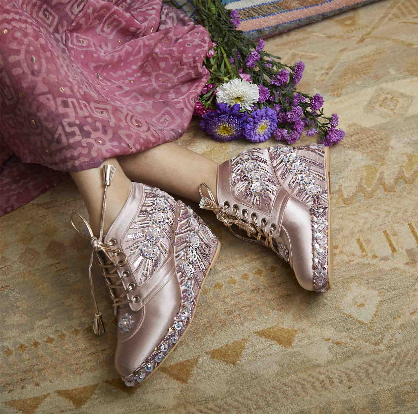 Pink Satin Embroidered Bridal Sneaker Wedges Customized Wedding Shoe
