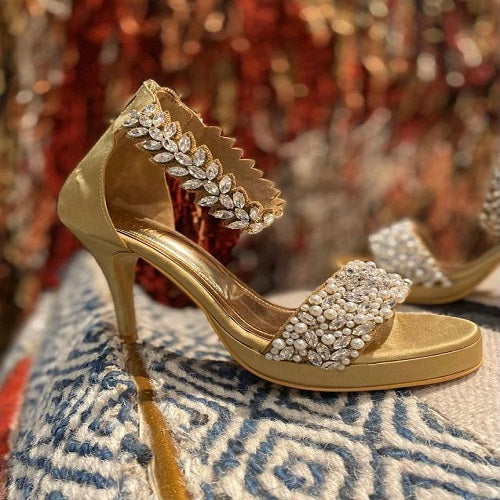 Pearl and Crystal Ankle-Wrap Satin Pumps