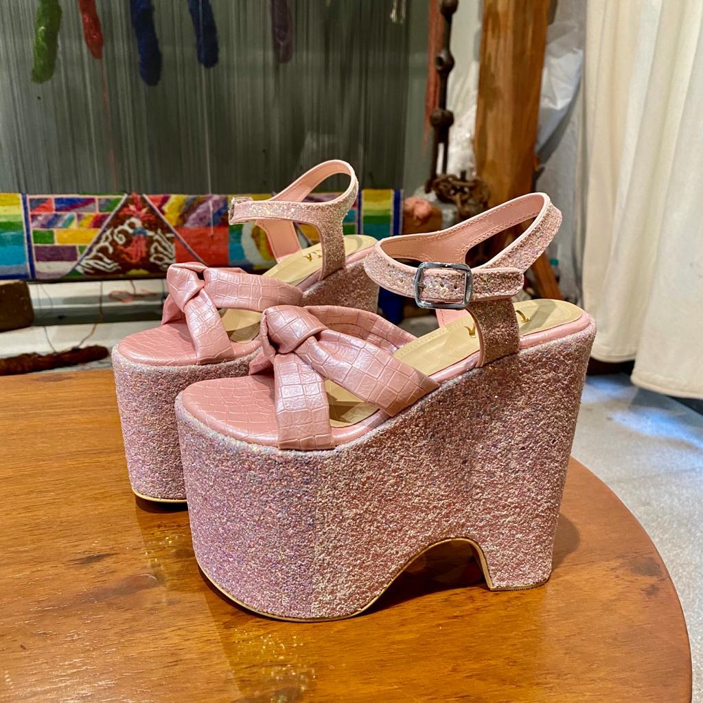 Pink Shimmer Bold Wedges Bridal Block Heels for Weddings