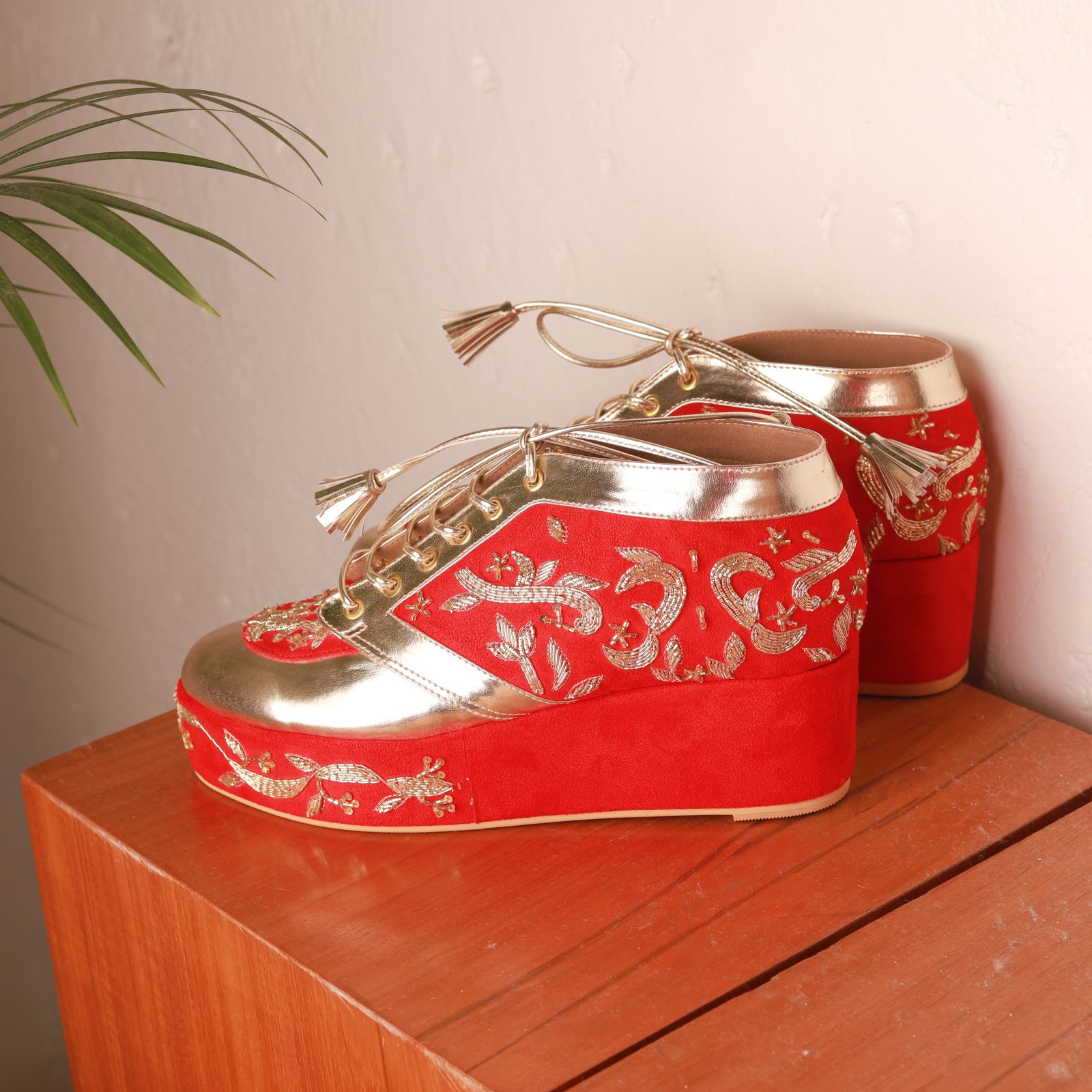 Begum (Gold Wedding sneakers Customised Red Shoes)