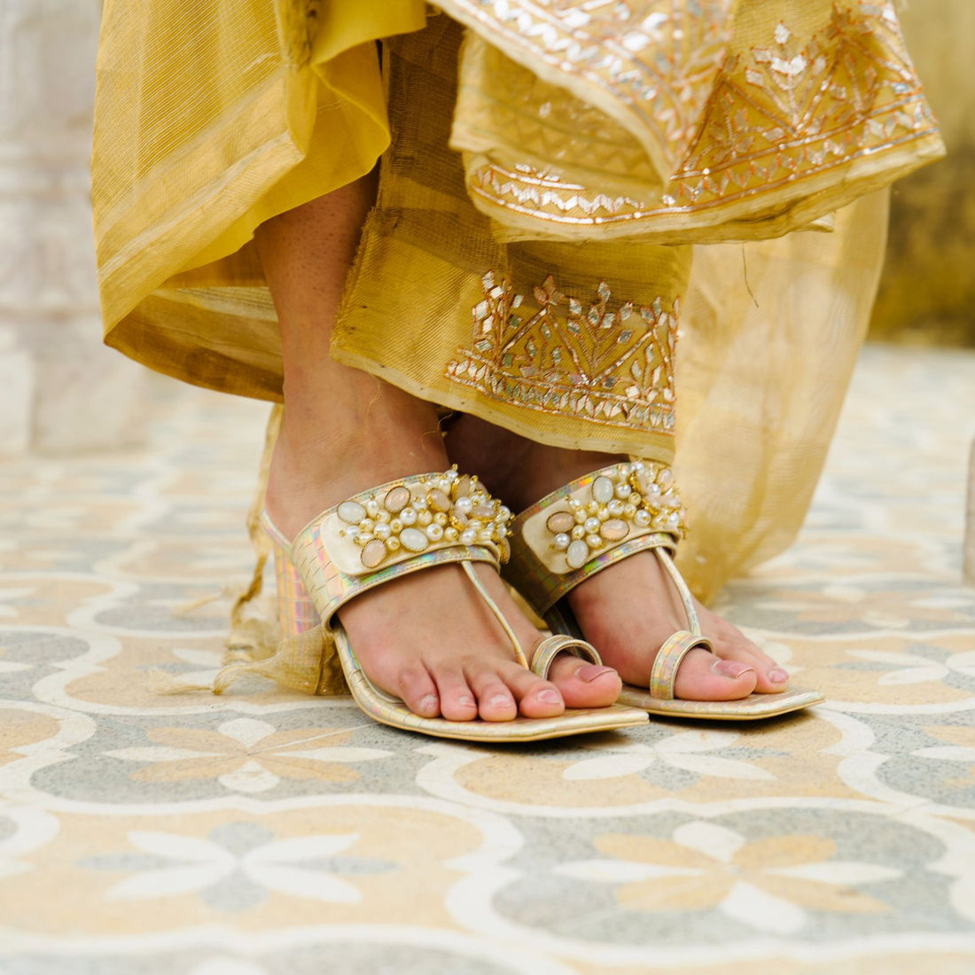 Gold Block Heels Customised festive sandals