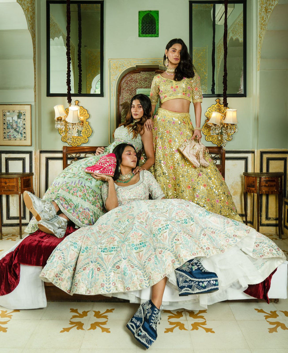 Embroidered sneakers with heavily embroidered zardosi work on jersey lehenga  for new age bride at Kriti Sanon Monisha Jaising Amazon India Couture Week  2015 pic1 – Shinjini Amitabh Chawla