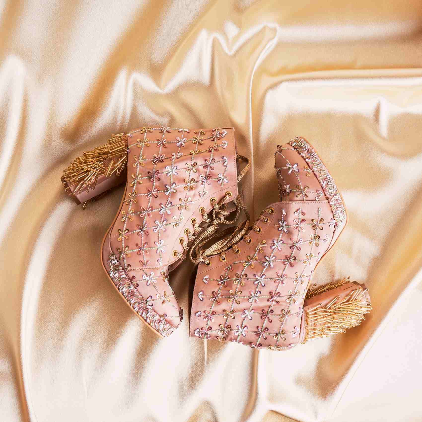 Rose-Gold Embroidered Customized Bridal Sneaker Block Heels I Tiesta Shoes