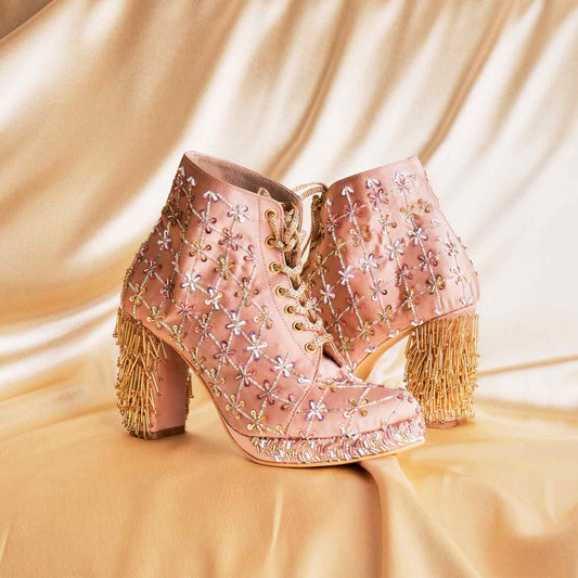 Rose-Gold Embroidered Customized Bridal Sneaker Block Heels I Tiesta Shoes