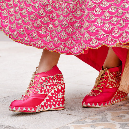 Pink Mirror Wedding Sneaker Wedges | Tiesta