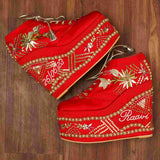 Red Bridal Sneaker Wedges - Customized embroidered Name & Date Wedding Shoes | Tiesta
