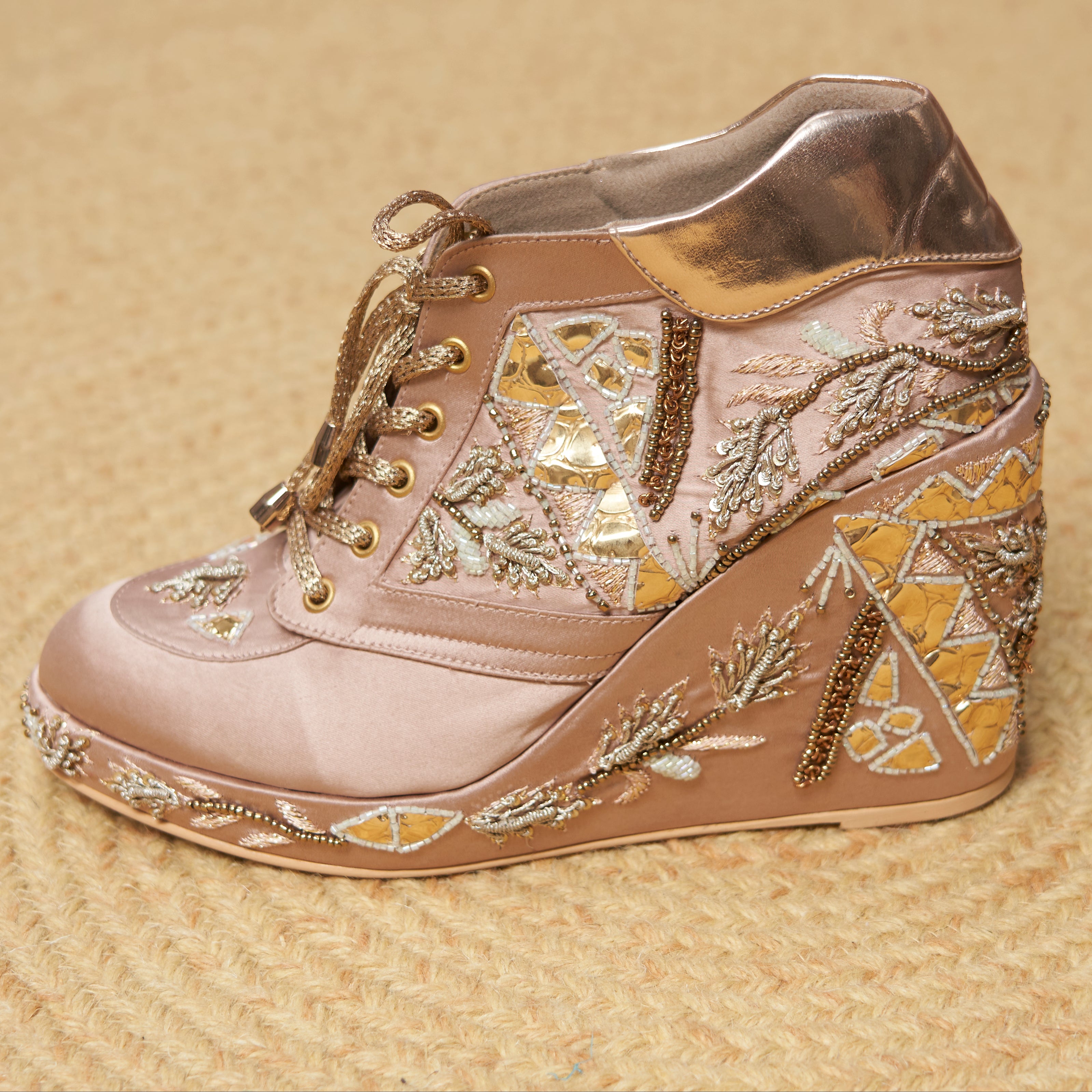 Gold Faux Leather Hand Embroidered Sneaker Wedges Design by TIESTA at  Pernia's Pop Up Shop 2024