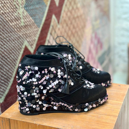 Black Sequin Sneaker wedges - Customized Wedding Shoes | Tiesta