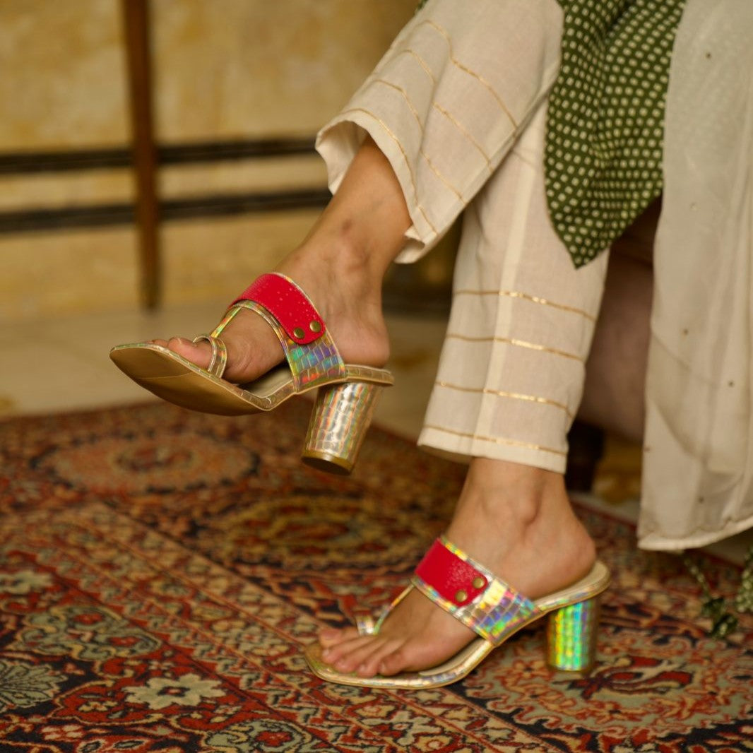 Kolas - Iridescent Gold Kolhapuri Block Heels with Changeable Straps