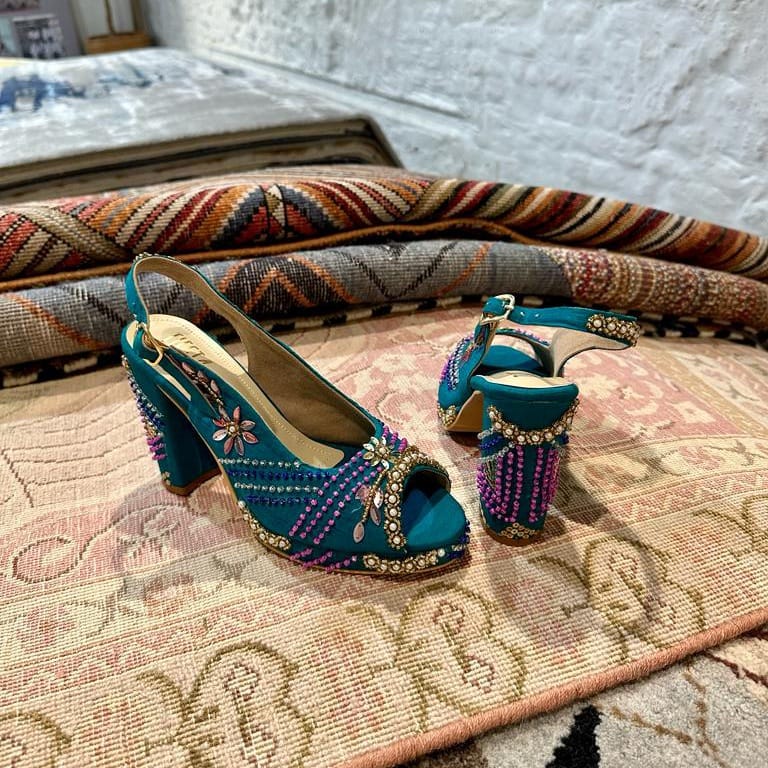 Sabya Peacock Blue Hand Embroidered Slingback bridal block heels