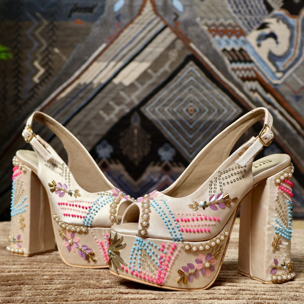Gold Noor Beautiful Multi-colored Hand Embroidered Bridal Block Heels