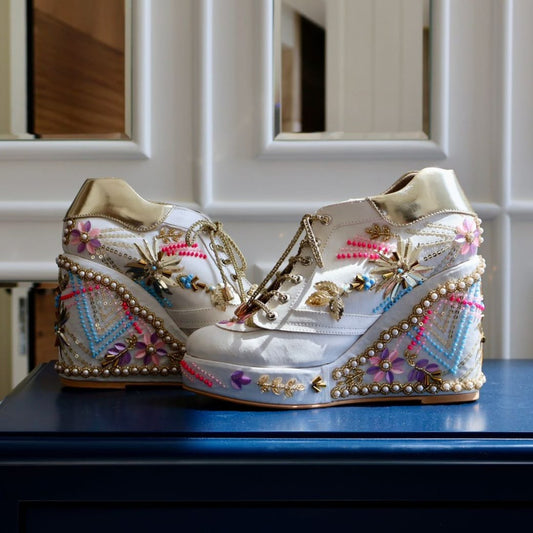 White Multi-Colored Customisable Embroidered Sneaker Wedges | Tiesta
