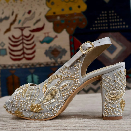 Sabya Grey Hand Embroidered Slingback bridal block heels I Tiesta