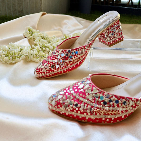 MIRROR MAGIC- Pink Mirror Embroidered Block heels I Tiesta Shoes