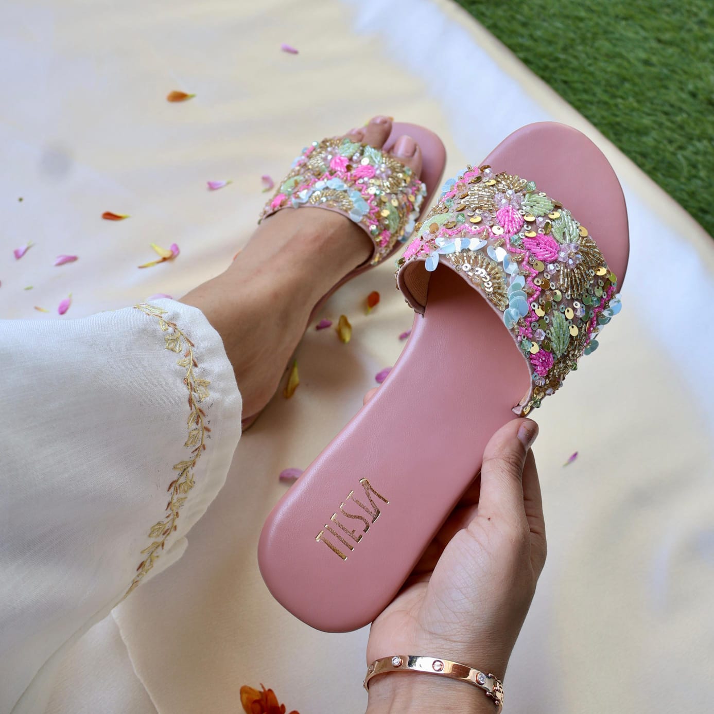 SUGAR- Pink Sequin Embroidered Flats I Comfortable sliders
