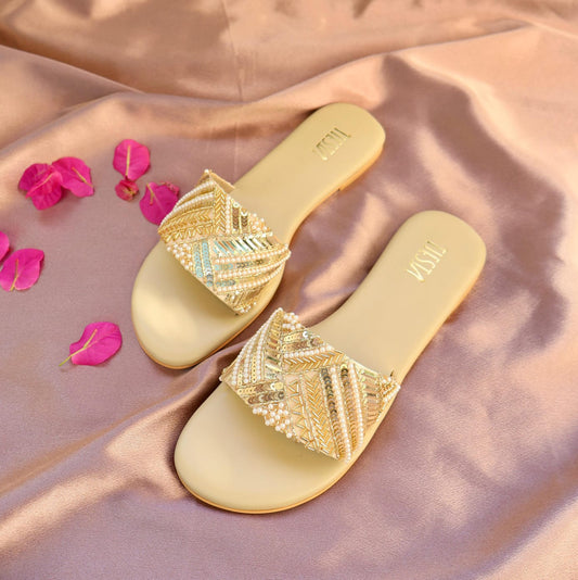 STARSTRUCK- Gold Sequin Embroidered Flats I Comfortable sliders