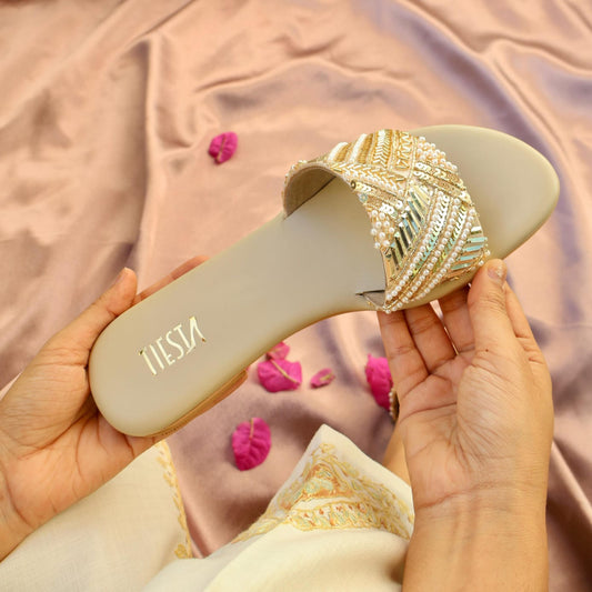 STARSTRUCK- Gold Sequin Embroidered Flats I Comfortable sliders