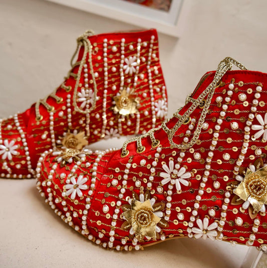 Zarah I Red-Gold Flower Pearl Beaded Customised Bridal Sneaker Block Heels