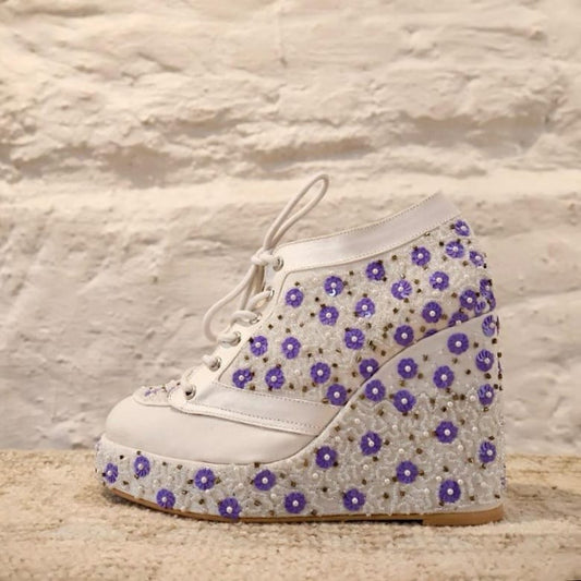 White with Lavender flowers embroidered Sneaker Wedges | Tiesta