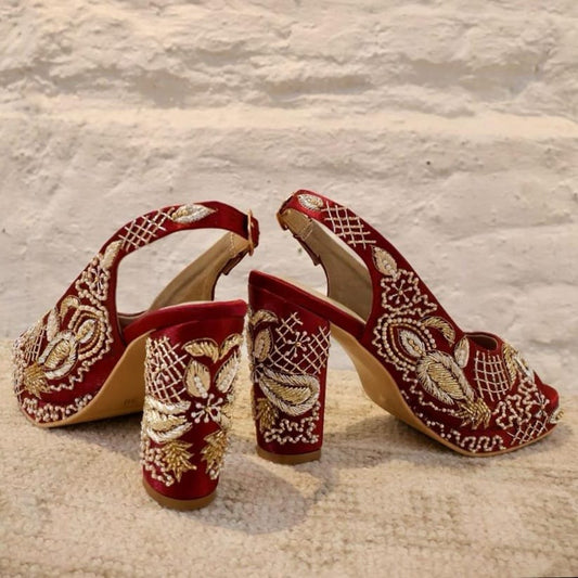 Sabya Maroon Hand Embroidered Slingback bridal block heels I Tiesta Shoes