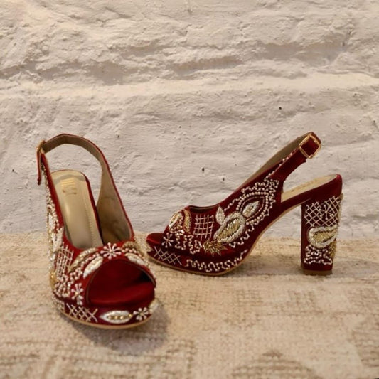 Sabya Maroon Hand Embroidered Slingback bridal block heels I Tiesta Shoes
