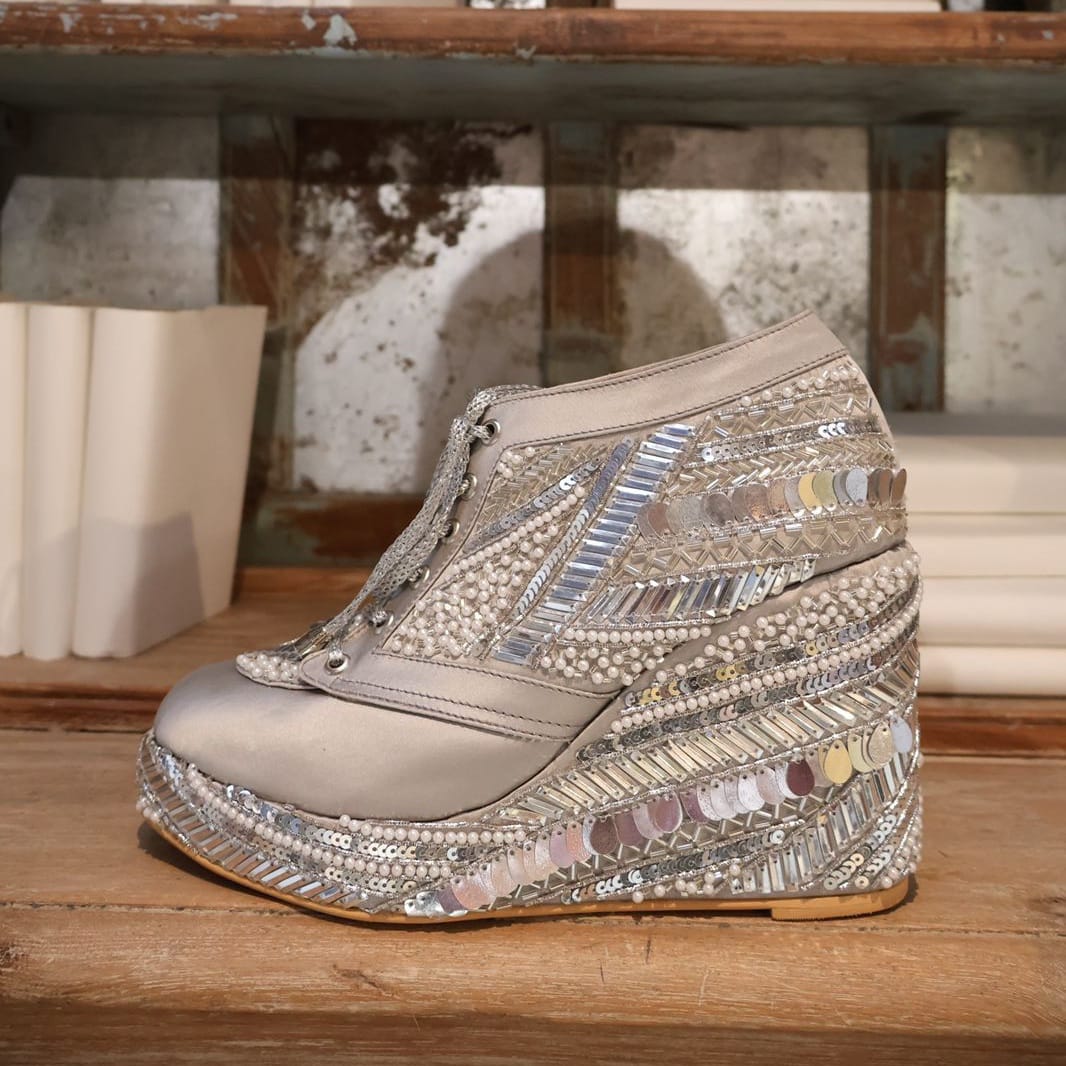 POPPY- Silver Embroidered Sneaker Wedges | Tiesta Shoes