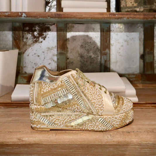 POPPY- Gold Bridal Sneaker Platform Wedges | Tiesta Shoes