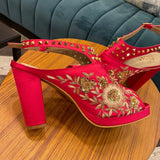 Nigaar Pink Bridal Block Heels with Golden Embroidery for Weddings