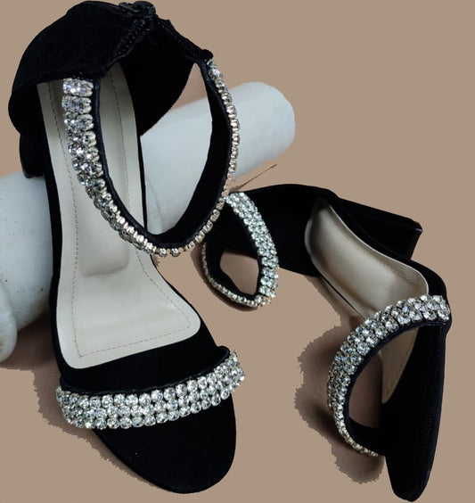 Black Stiletto Rhinestones Shoes Women'S Square Toe Sandal Wedding Sexy  Heels