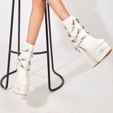 Bravo (Boots Platform Blocks ,  White Boots Ankle Length)