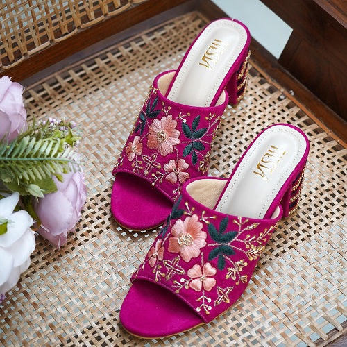 Adina (Pink, Magenta hand embroidered blocks heels)