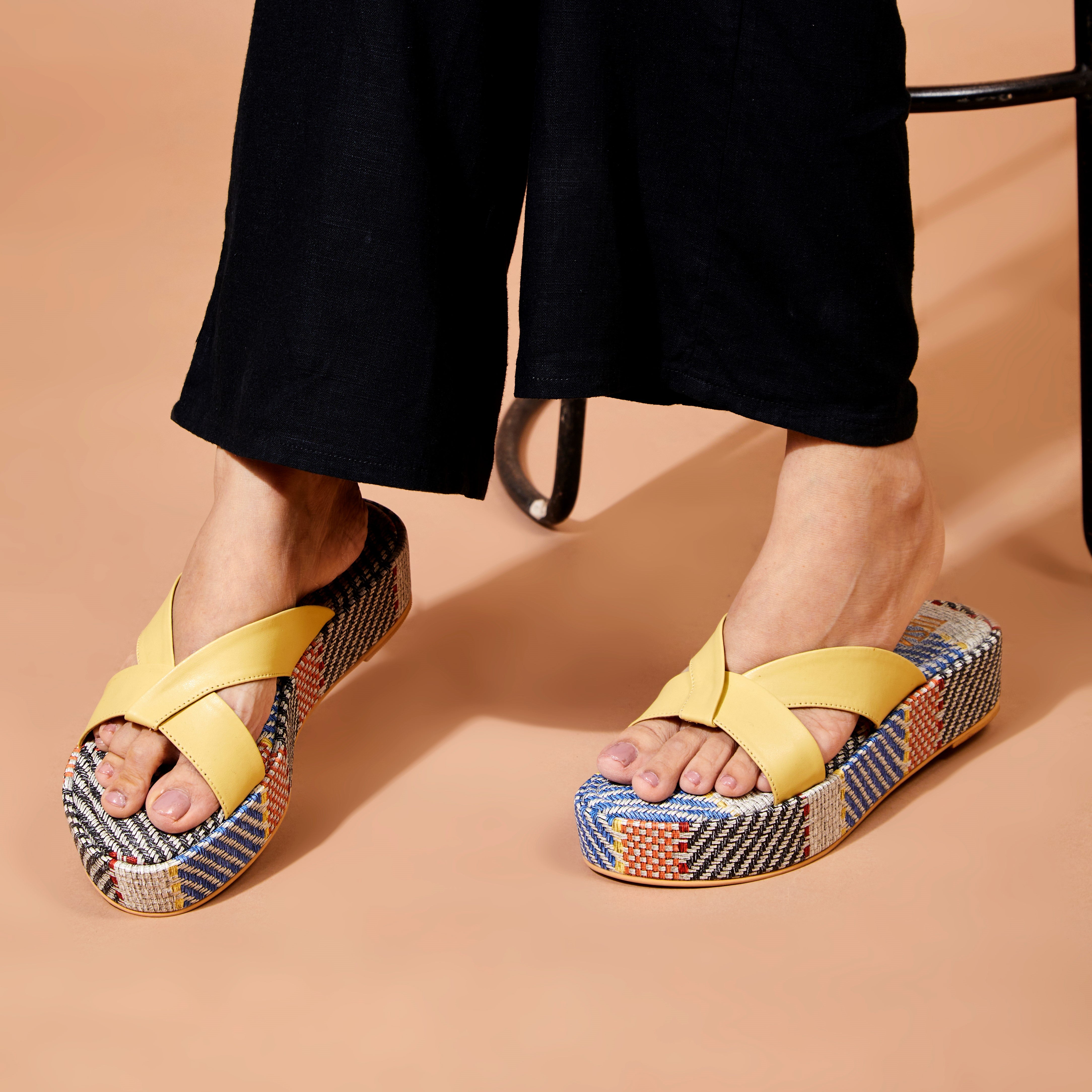 Yellow Platform Wedge Slippers | Tiesta Shoes