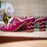 Adina (Pink, Magenta hand embroidered blocks heels)