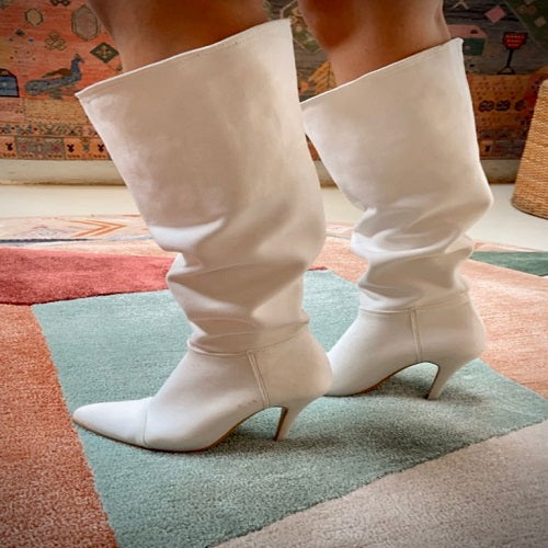 Alizeh (knee length boots white shoes heels )