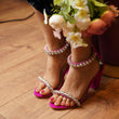 Kash (white and silver stones and pearl, Pink suede high heels ankle strap)