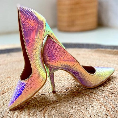 gold iridescent multi-color small floral high heel shoe with diamonds