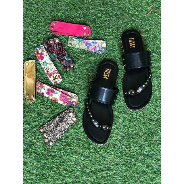 Kolas - Black Open Flats with Changeable Straps