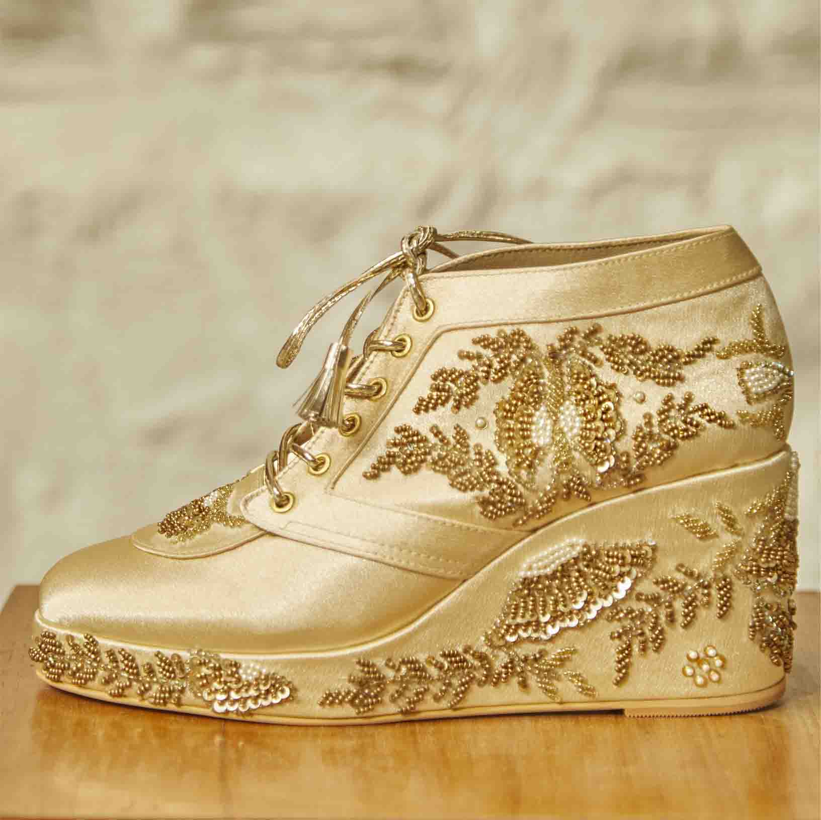 Gold Satin Embroidered Bridal Sneaker Wedges - Customized Wedding Shoe â Tiesta Store