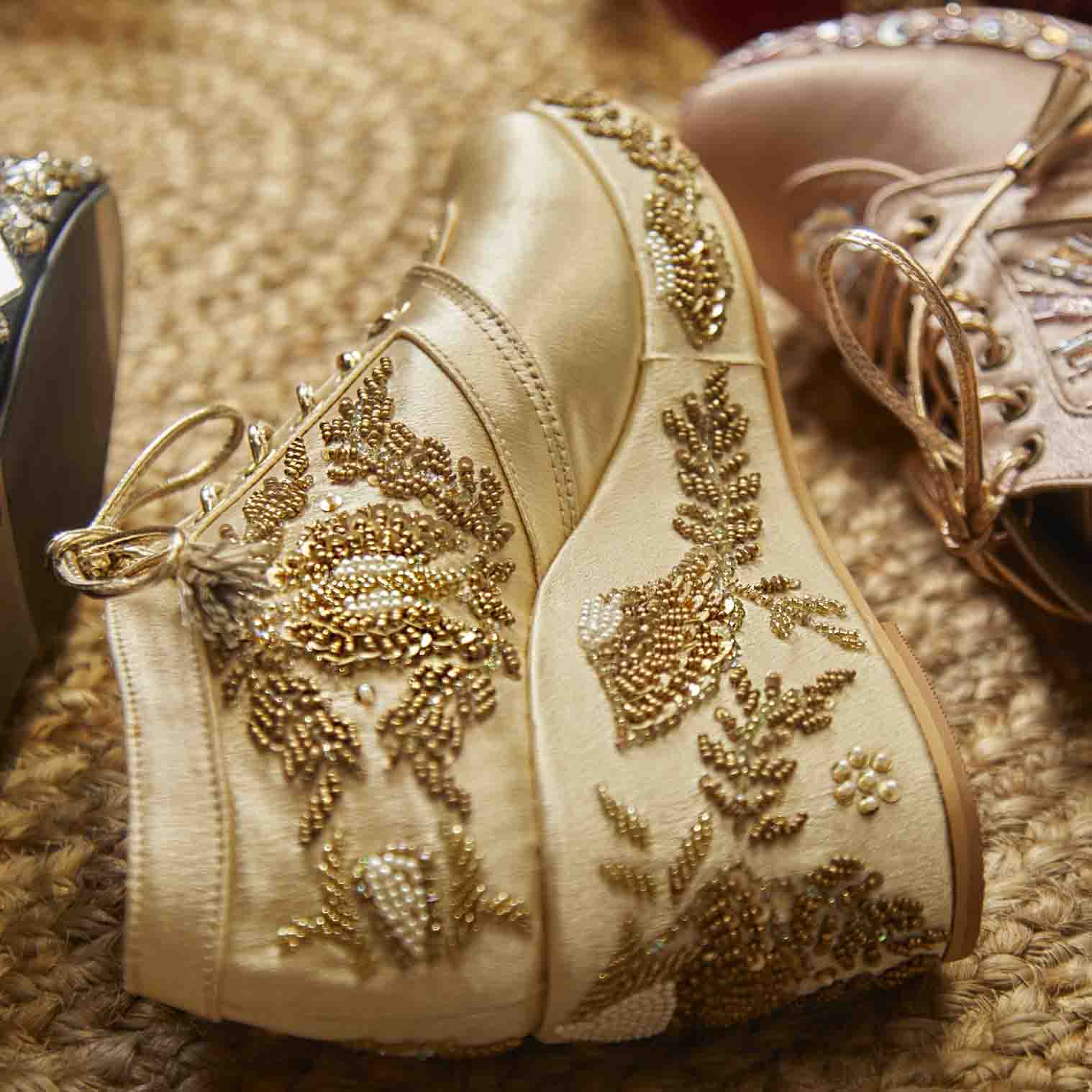 Gold Satin Embroidered Bridal Sneaker Wedges - Customized Wedding Shoes | Tiesta