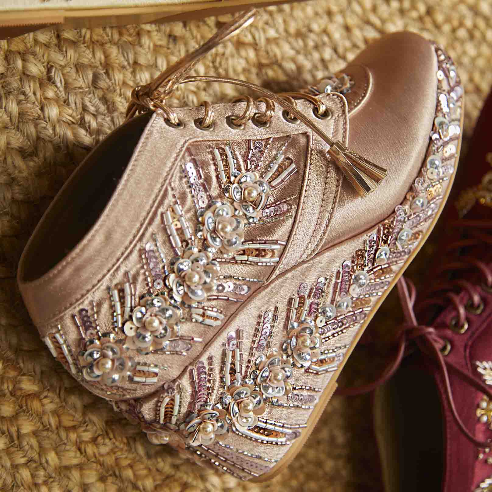 Pink Satin Embroidered Bridal Sneaker Wedges - Customized Wedding Shoes | Tiesta