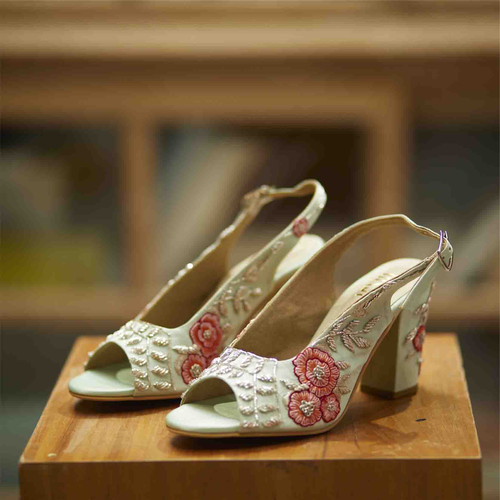 Teal hand embroidered sling back bridal block heels