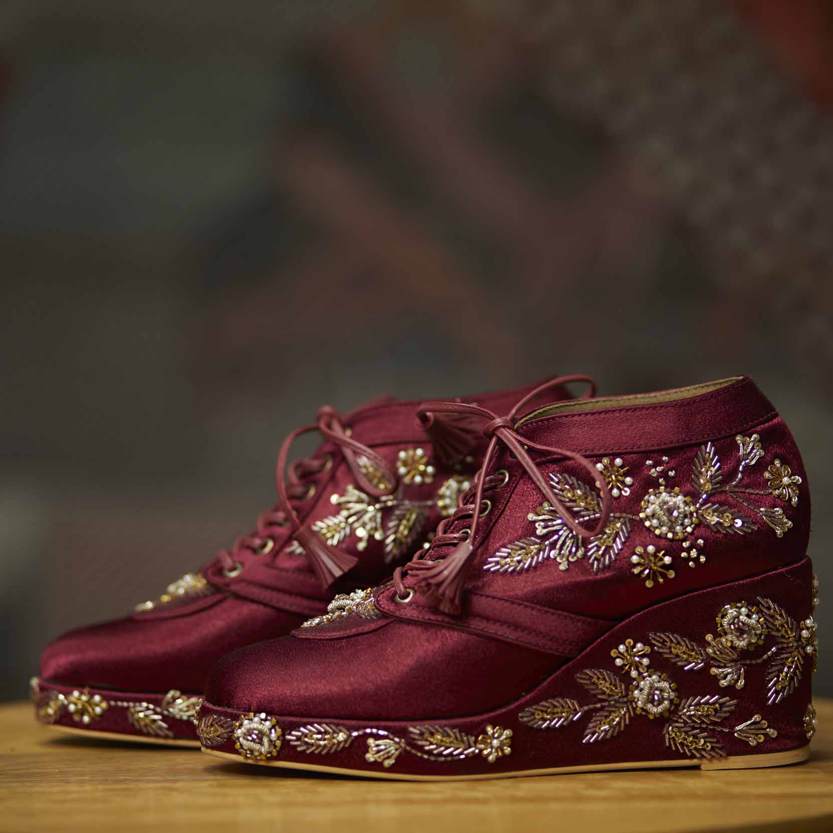 Maroon Satin Embroidered Bridal Sneaker Wedges - Customized Wedding Shoes | Tiesta