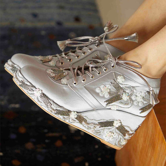 Silver Satin Embroidered Bridal Sneaker Wedges - Customized Wedding Shoes | Tiesta