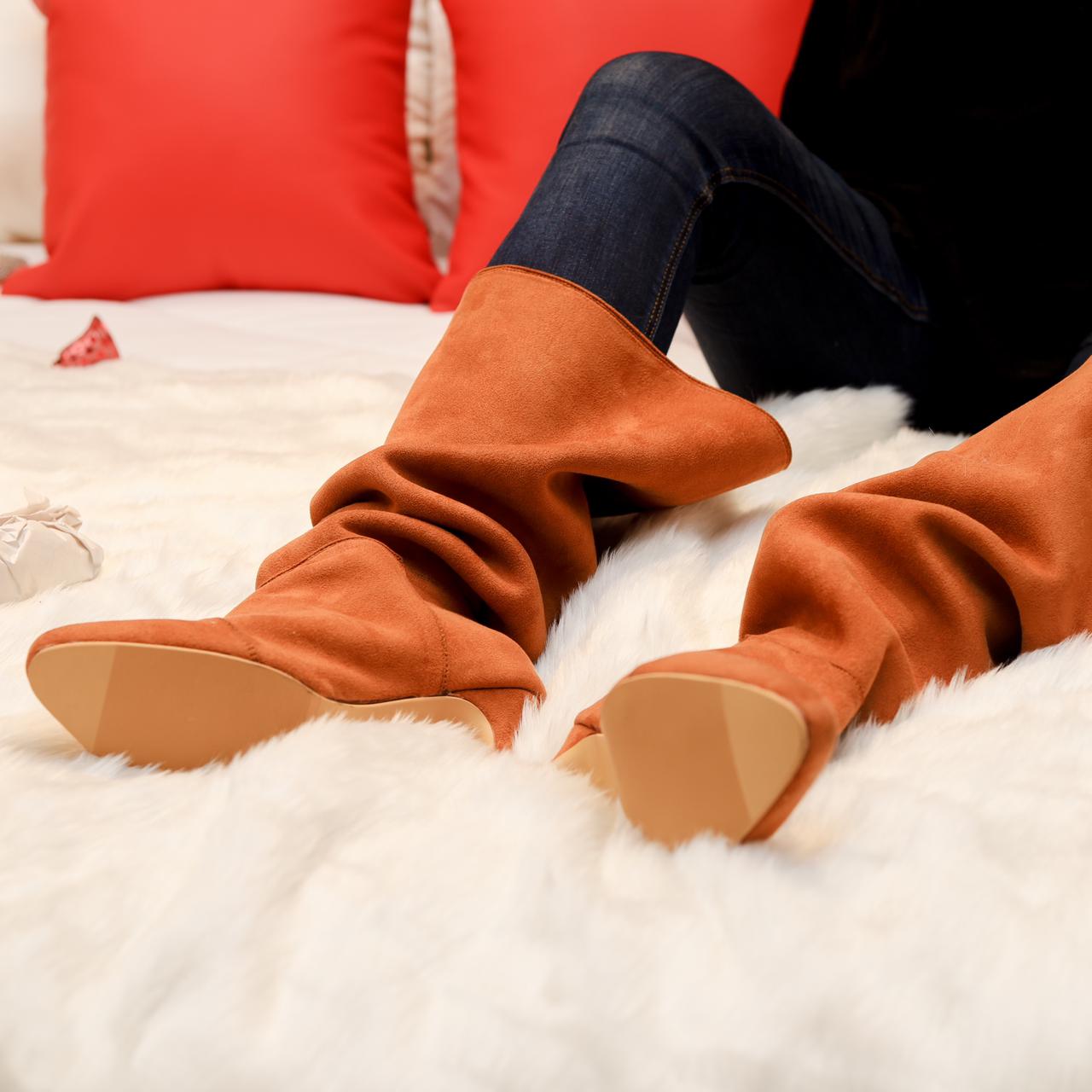 Slouchy Boots  (Brown) (High Knee Length Tan Kitten heels Boots)
