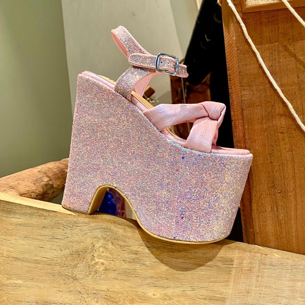 Pink Shimmer Bold Wedges Bridal Block Heels - Customised Bridal Shoes