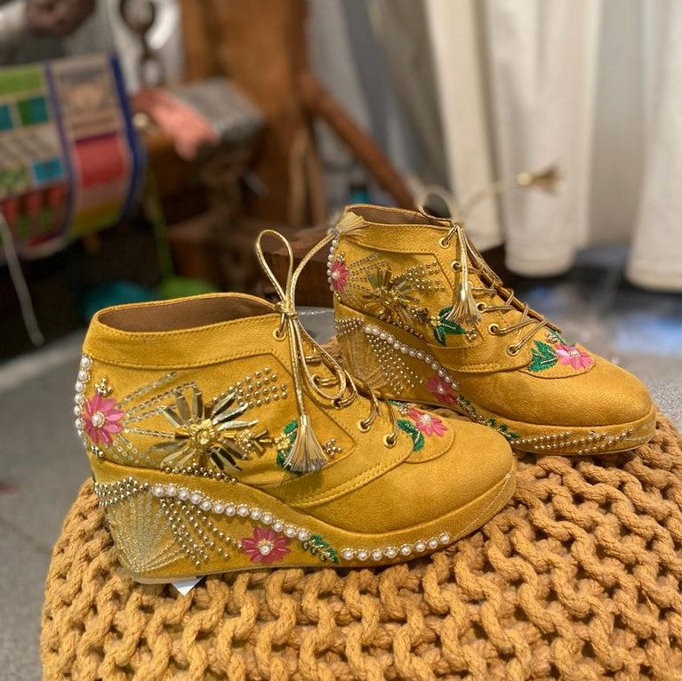 Mustard Bead Embroidery Bridal Sneaker Wedges - Customized Wedding Shoes | Tiesta